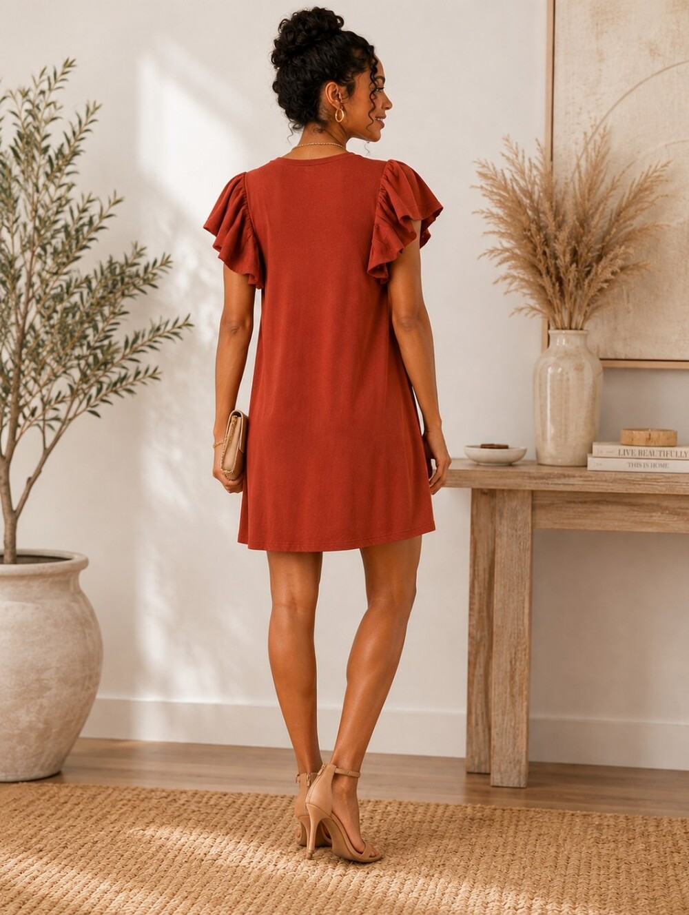 Express Rust Ruffle Sleeve Swing Dress - Picture 2 of 6